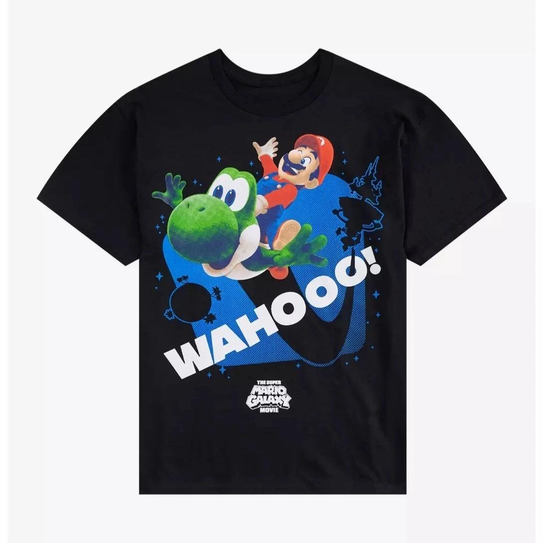 Super Mario Galaxy Movie Mario Riding Yoshi  WAHOOO!  Cartoon Graphic Loose Gaming Unisex Black Streetwear Casual T-Shirt 4XL
