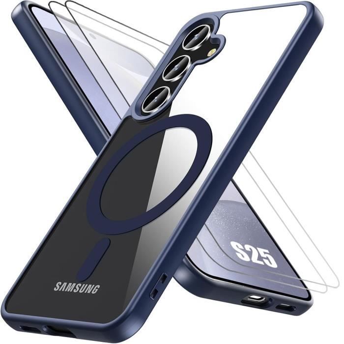 Coque et 2 Verres Trempés pour Samsung Galaxy S25, Protection avec Anneau Magnétique - Bleu Marine