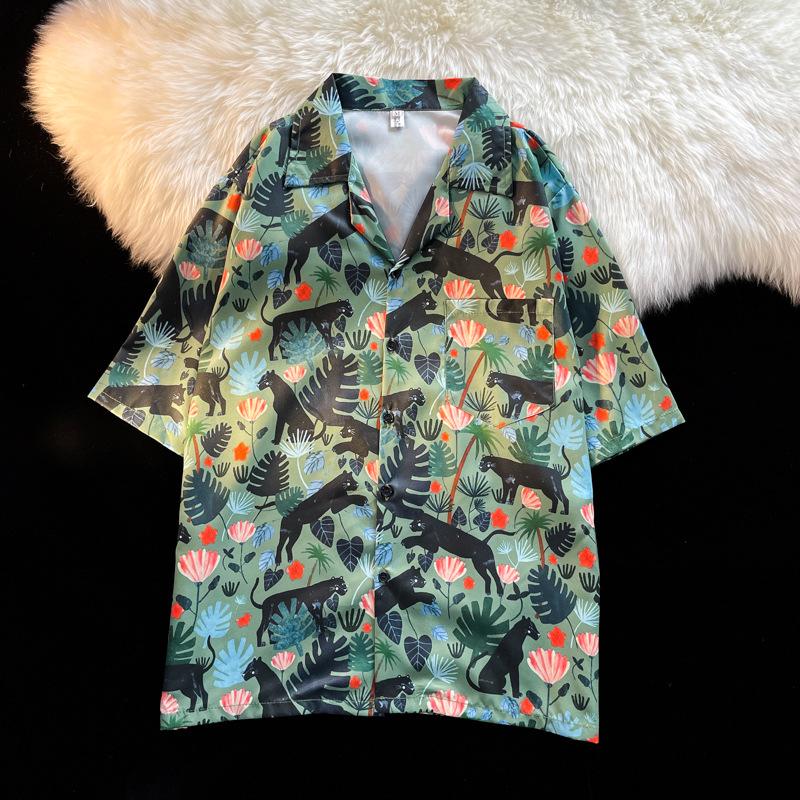 Unisex Vintage Kubakrage Blomsterskjorte - Løs passform, Hong Kong-stil, Kort erm, Perfekt for strand og par