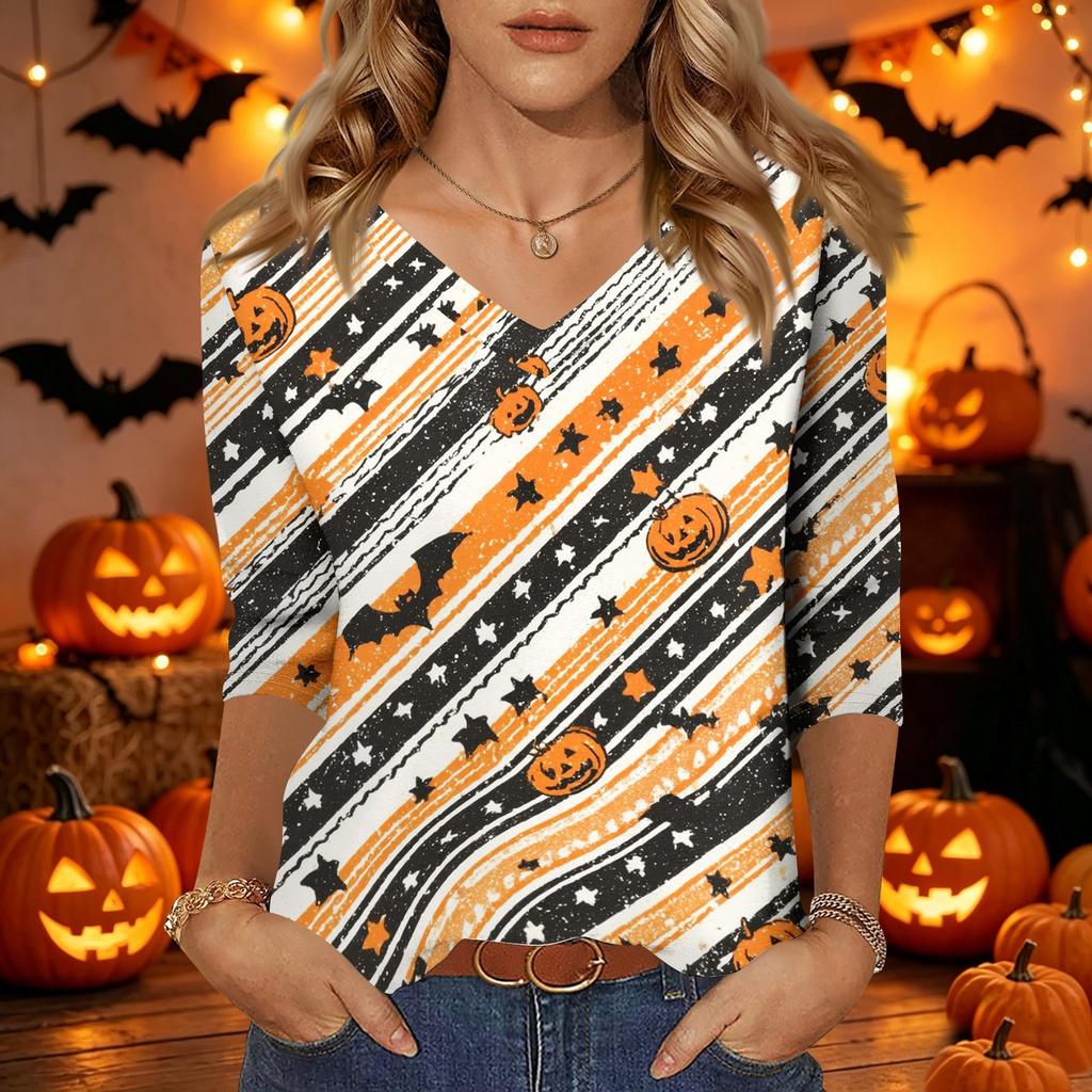 Womens Casual Halloween Print V Neck Three Quarter Sleeve Top Lightweight Stretchy Blouse for Fall Seasonal Wear