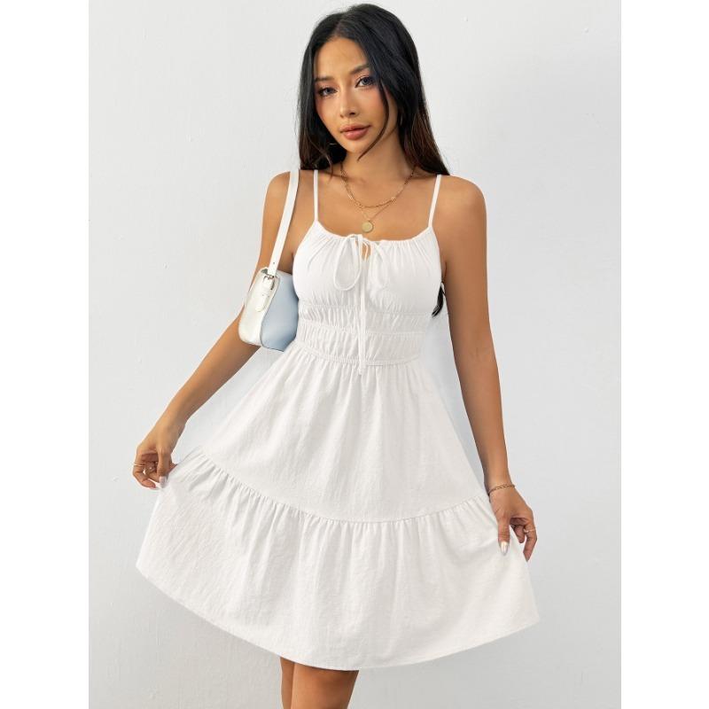 Elegante Vestito Estivo A Line Senza Maniche con Spalline Sottili e Vita Alta Pieghettato