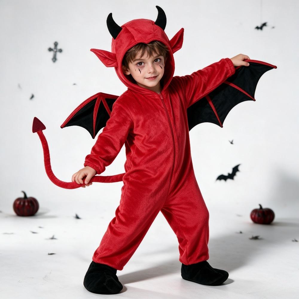 Roztomilý červený ďábel overal Cosplay oblečení s rohy křídly ocasem na karneval maškarní ples scénu party focení Halloween Cosplay