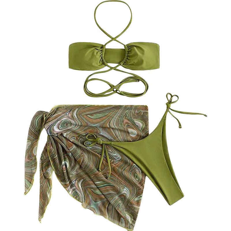 European & American Sexy Halter Neck Bikini Three-Piece Set: Bandeau Bikini & Split Swimwear