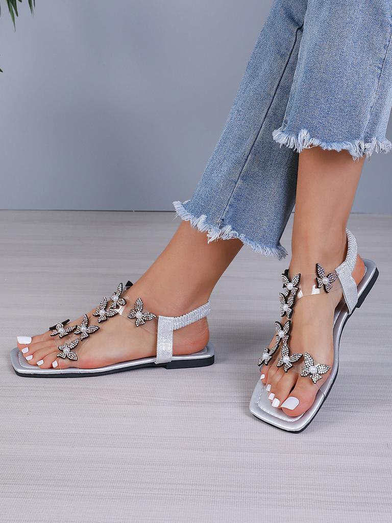 Butterfly rhinestone women's sandals 2025 summer foreign trade large size flat bottom square head transparent elastic band sandals women