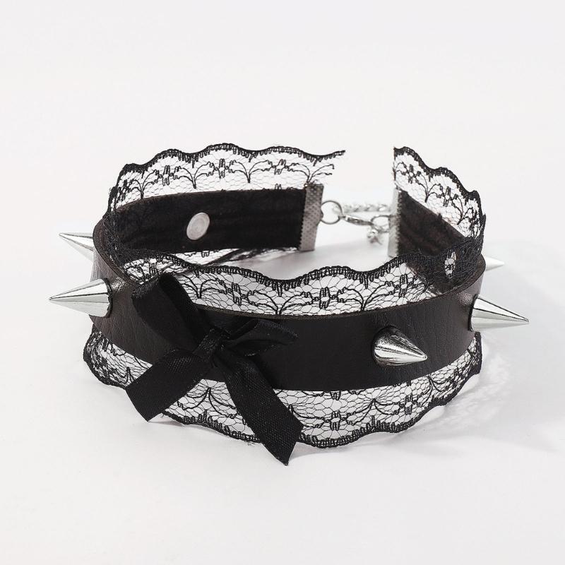 Lace Bowknot PU Pendant Short Necklace for Women Trend Cosplay Clavicle Choker Adjustable Collar Girls Party Jewelry