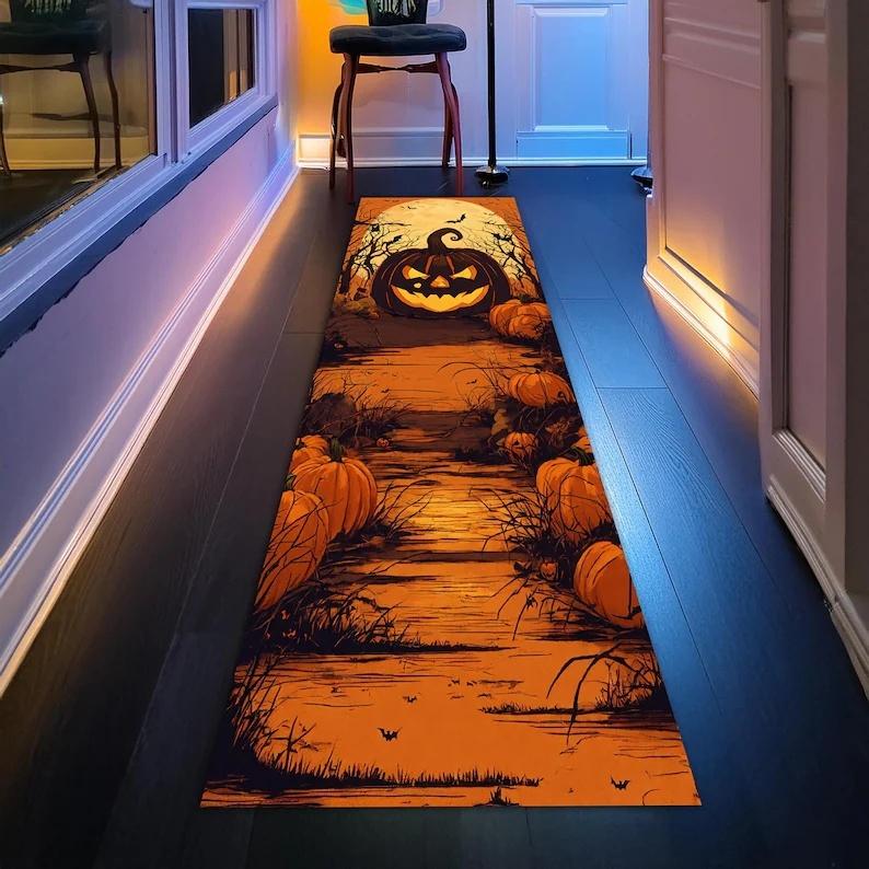 Halloween Runner Rug Castle Pumpkin Skull Carpet Kitchen Anti-Slip Spider Web Printed Rugs For Living Room Home Decor