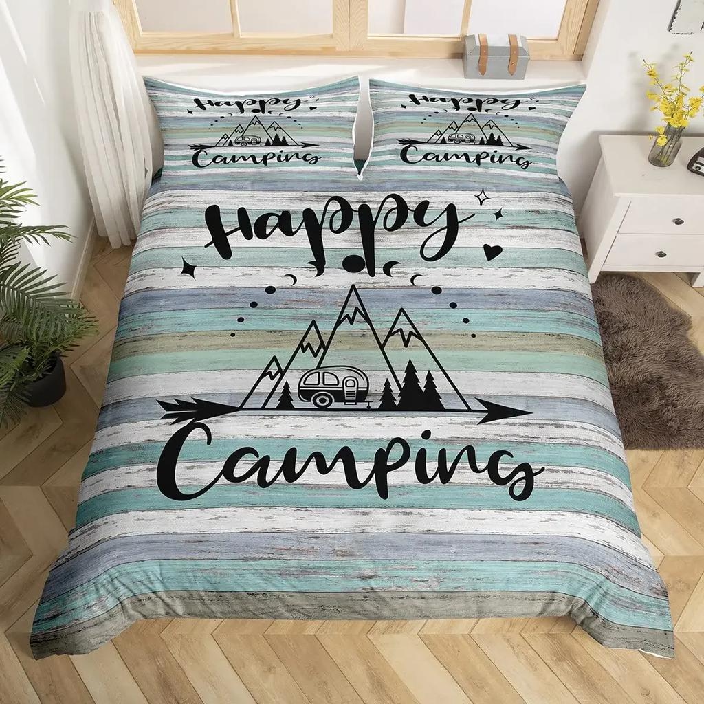 Happy Camping Bettbezug-Set Camper Bettdeckenbezug Vintage Alte Scheunentür Bettwäscheset Cowboys Holz Bauernhausstil Tagesdecke