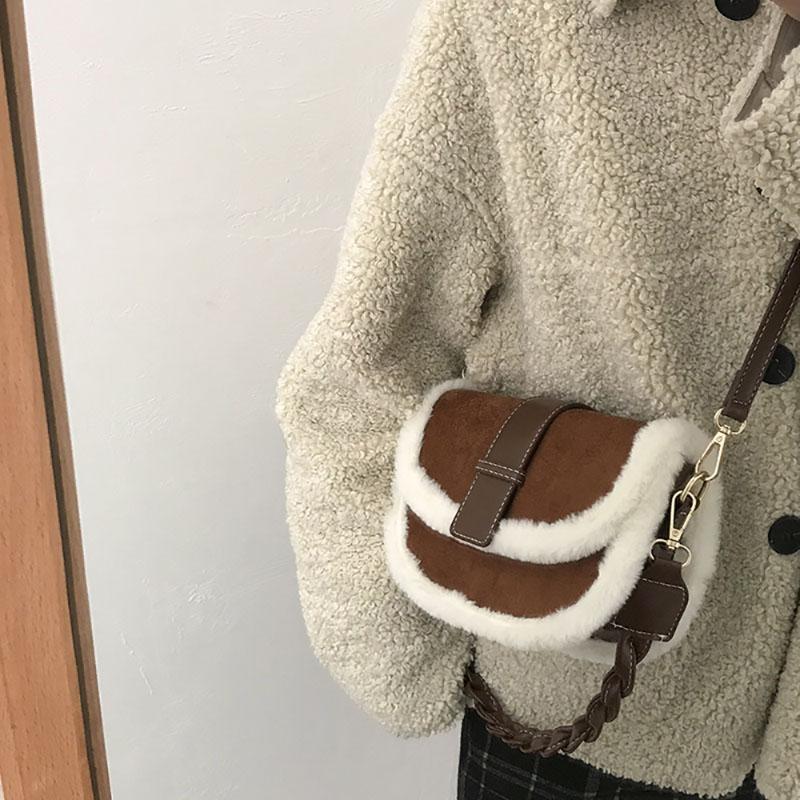 Retro Suede Faux Fur Crossbody Bag Women's Korean Winter New Lamb Hair Mini Square Bag Fashion All-in-one Commuter Shoulder Bag