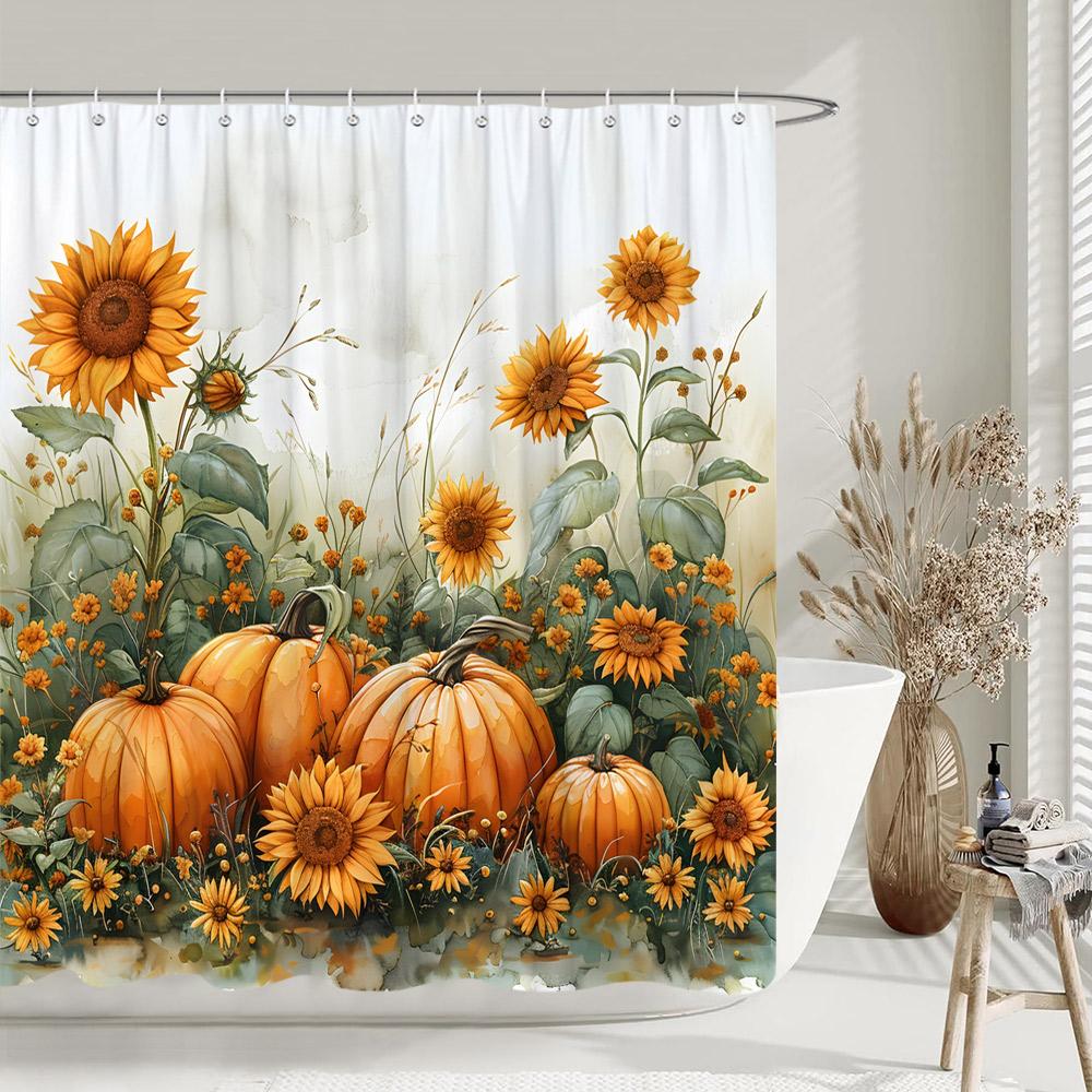 Rustic Farms Pumpkin Shower Curtain Thanksgiving Autumn Sunflower Polyester Fabric Shower Curtain Bathroom Decorative with Hooks