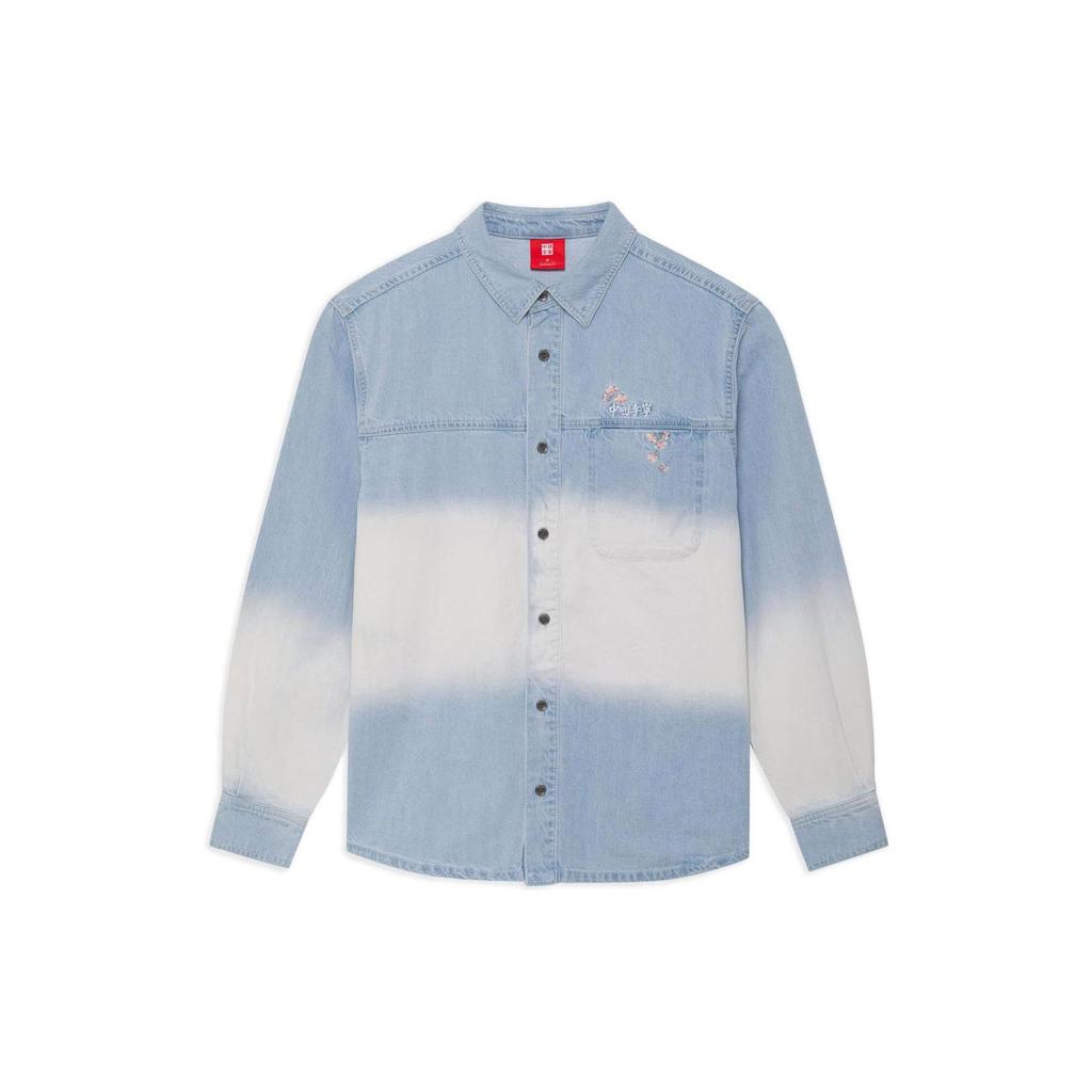 Li Ning Sakura Series Floral Logo Embroidered Gradient Single-Breasted Polo Denim Jacket Unisex Jacket Denim-Blue ASHS463-1