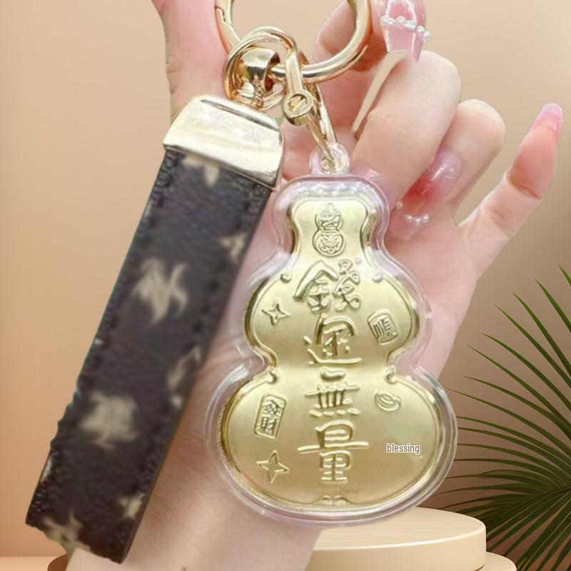

Gold Gourd 999 Pure Leather Cord Keychain & Phone Lanyard Ornament White & Pink Checkered Cord