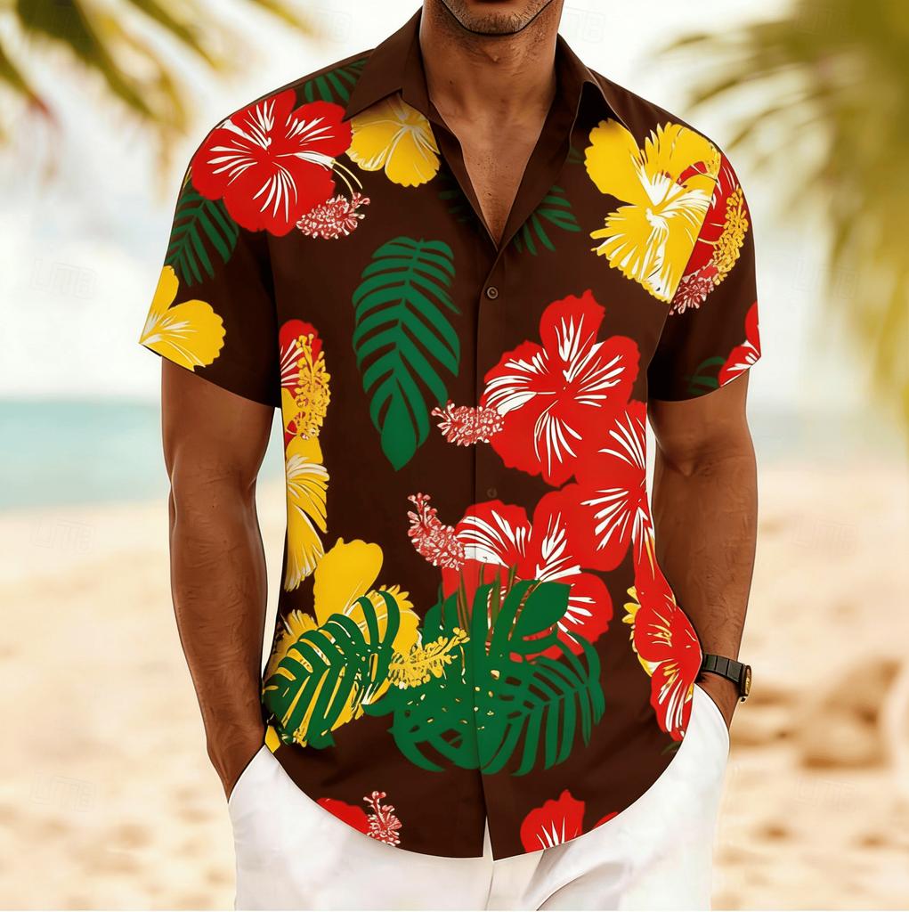 Men's Hibiscus Tropical Print Short Sleeve Shirt, Spring Summer Vibrant Hawaiian Vacation Blouse, Loose Casual Top