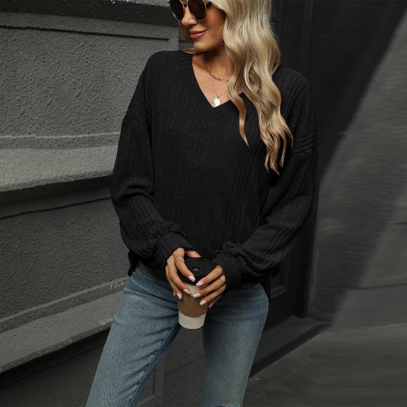 Autumn and Winter V-neck Loose Casual Long Sleeved T-shirt Women Fashion Elegant Simple New Solid Color Top Office Shirt Women's Clothing
