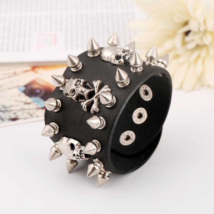 Punk Skeleton Bracelet for Men Metal Rivet Studs Personality Genuine Leather Bracelets Bangles