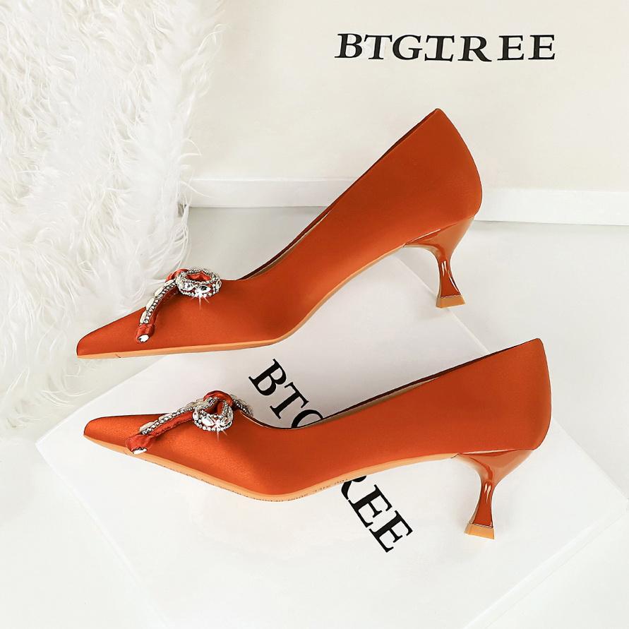 Water Diamond Bow Pointed, Thin Heel, Silk Heel, Single Shoe, Wine Glass Heel, Women's Single Shoe