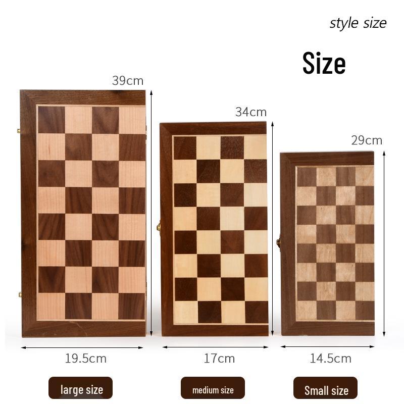 Qi Shou Schackset i massivt trä, hopfällbart och magnetiskt, med bräde i PU-läder