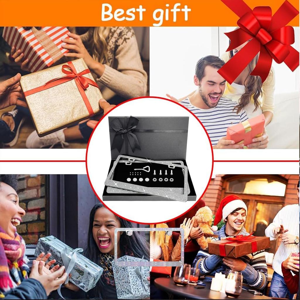 Bling Rhinestone License Plate Frame for Women 2PC, Sparkly Stainless Steel Frames & Over 1200 pcs Finest 14 Facets Black Glass Crystals Premium