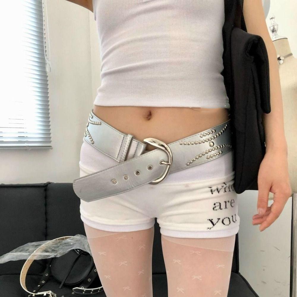 Y2K Wide Belt Silver PU Leather Waistbands Punk Rivet Waist Belt  Teens