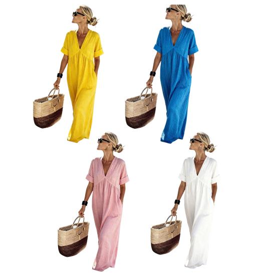 Sommer Baumwoll-Leinen Maxikleid für Damen Lässiges V-Ausschnitt Kurzarm A-Linien Kleid Strandurlaub Fließendes Sommerkleid mit Taschen