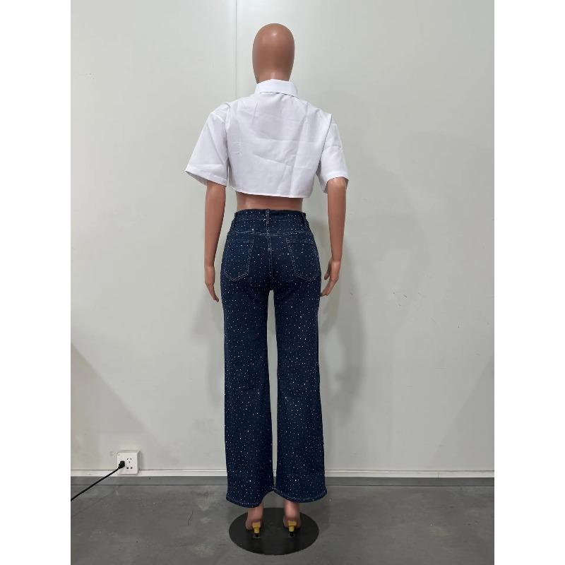 Shiny Rhinestone Jeans Pants Sexy Women High Waist Elegant Night Club Diamonds Denim Straight Trousers