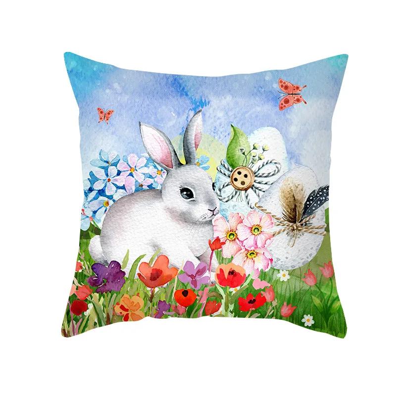 Home Decor Easter Pillowcase Flowers Rabbit Egg Print Pillowcase Sofa Cushion Cover Bedroom Room Decor 45x45 Cm