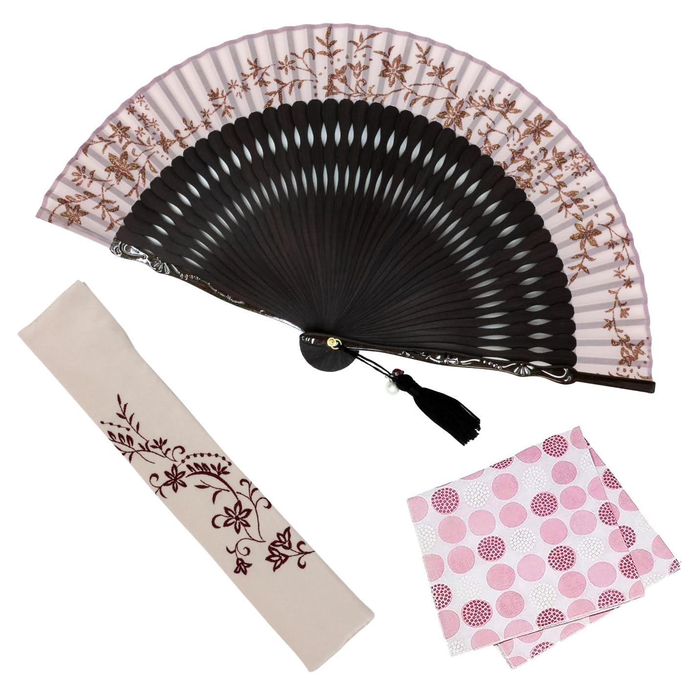 

[Osaka Choseido] Women s Stylish Business Fan Set with Fan Case and Handkerchief - Romanesque (Pink)