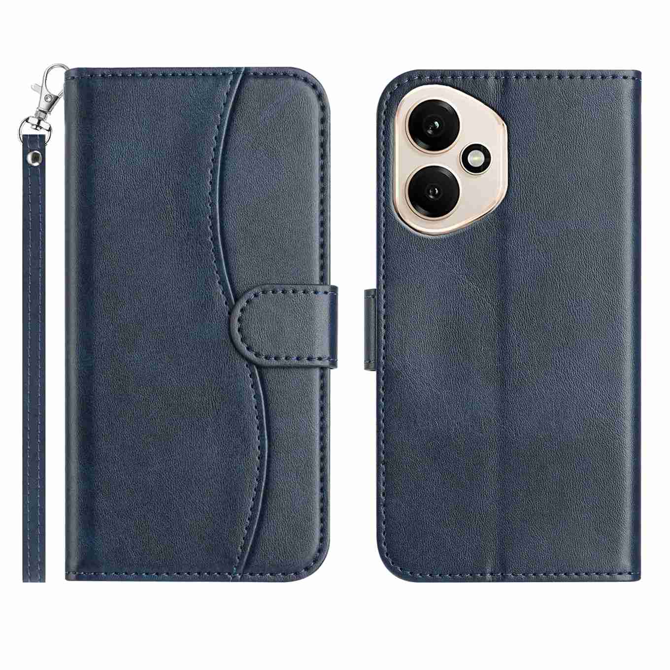 

For Honor 400 5G (Global) Stand Case PU Leather Wallet Phone Cover S Shape Stitching Design with Strap Navy Blue