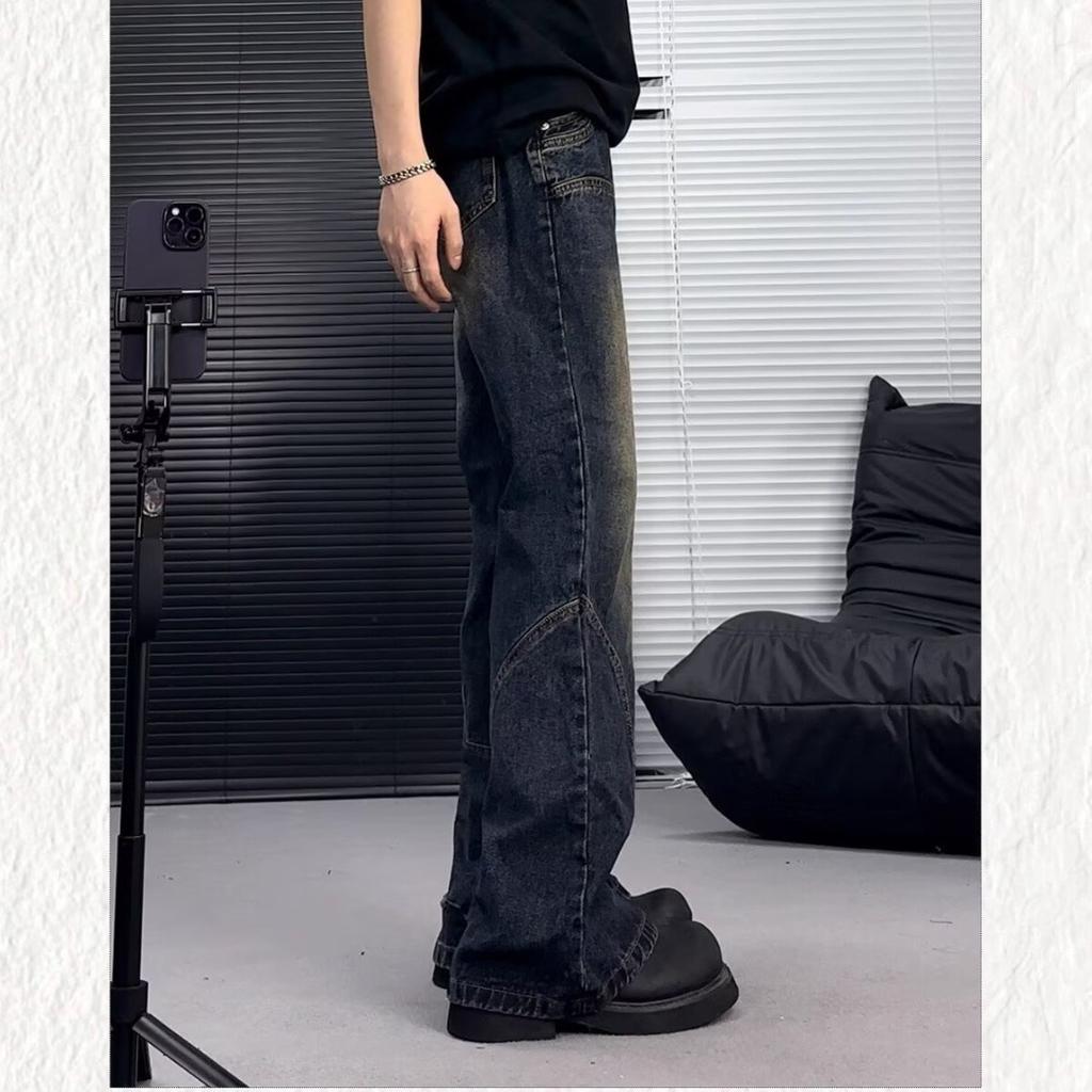 Jeans retrò americani taglia grande lavaggio vecchio chiusura diagonale bottoni pantaloni a zampa uomo e donna design di nicchia strascicanti