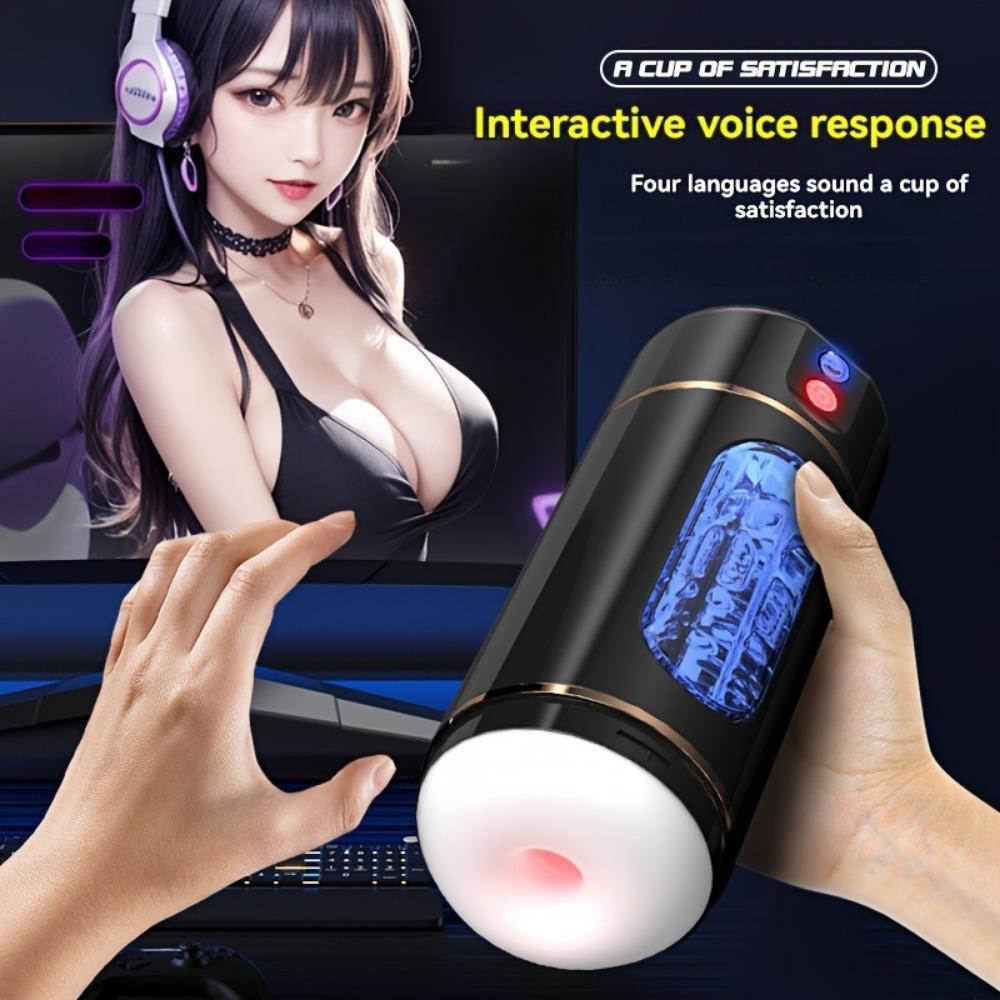 USB Rechargeable Electric Airplane Cup for Men - 10 Vibration Modes + 4 Language Voice, Free Headphones, Discreet Sex Toy