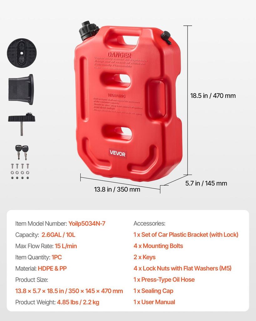 Fuel Container, 10 L, Gas Can with Spout and Lockable Bracket, 15 L/min Max Flow Rate, Secure & Leak-proof, Portable Flat Fluid Container for Most