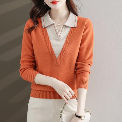 Sahte İki Parça Örme Kazak Kadın Moda Yaka Tüm Maç V Yaka Sonbahar Kış Kazak Üst Rahat Temel Kazaklar