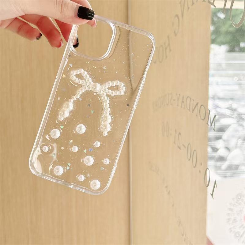 Applicable To iPhone14promax Mobile Phone Case Apple 15ins Wind Pearl Bow 16 Protective Case 13/17 Women