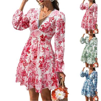 Damen Mode Spitze V-Ausschnitt Bedruckt Lässig Urlaubs-Langarmkleid
