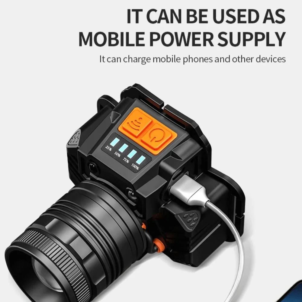 Lanternă cu LED-uri cu detecție inteligentă, lumină puternică, încărcare USB, lanternă montată pe cap de urgență Iluminare aventură de camping în aer liber