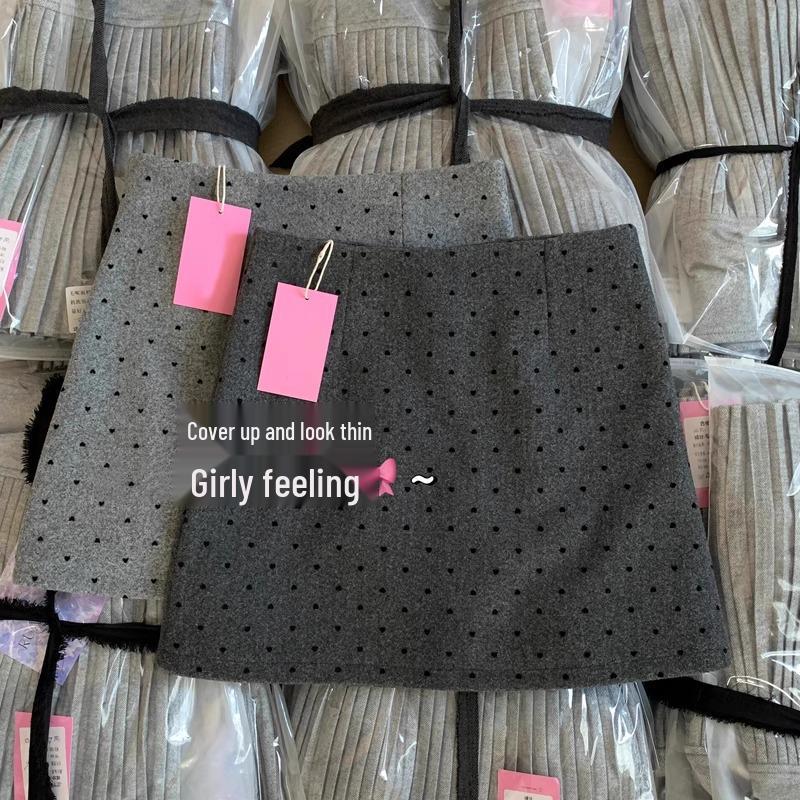 Retro Gray Polka Dot A-line Woolen Skirt - Korean Style Hip-Hugging Short Skirt for Women S