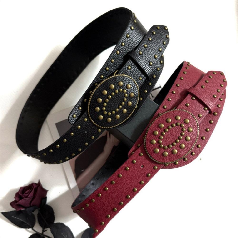 Rhinestone Flower Retro Street Rivet Belt Rivet PU Leather Belt Fashion Wide Waistband  Pants