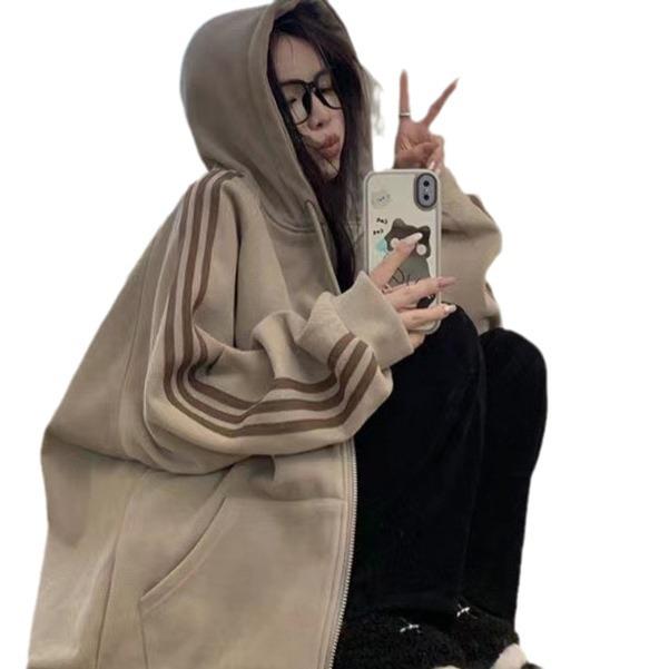 American Retro Fleece-Lined Hooded Cardigan - Plus Size, Long Sleeve Winter Sweatshirt for Women