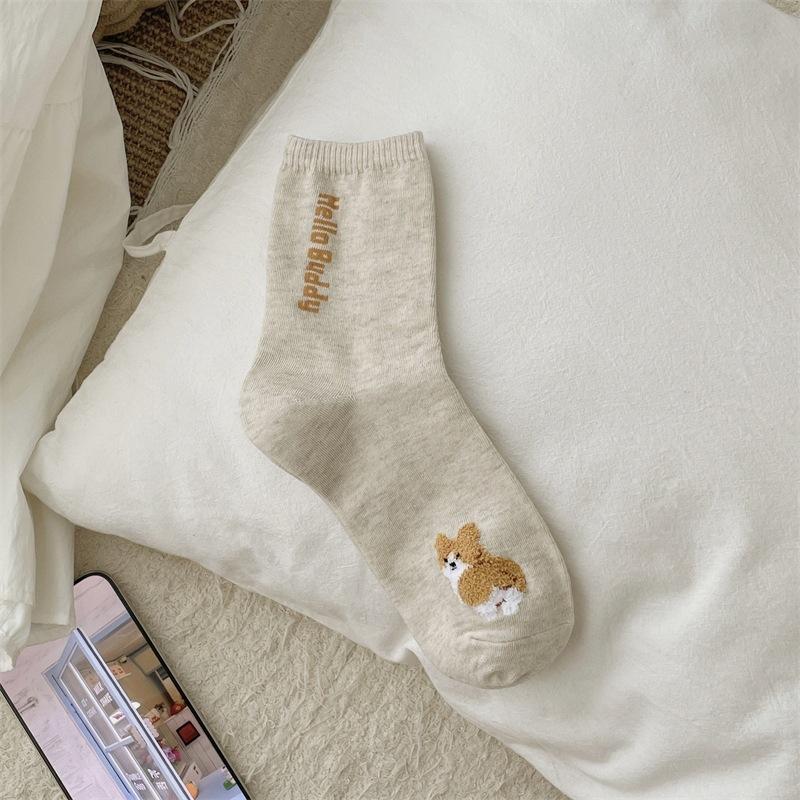 Sweet Three-dimensional Plush Cartoon Puppy Mid-calf Socks for Women, Pure Cotton Letter Short Calf Socks