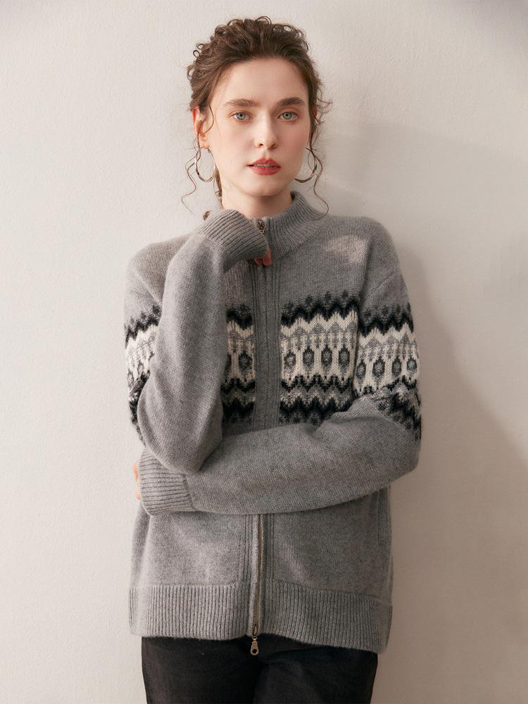 Fair Isle Jacquard Double Zipper Cashmere Cardigan Sweater for Women