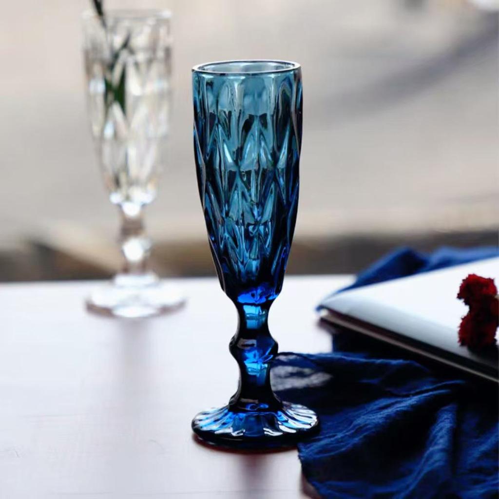 Vintage Tall-Stemmed Champagne and Wine Glasses, Embossed Thickened Juice Cups, Retro Cocktail Style