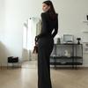 European and American Autumn Winter Fashion Women's High Neck Long Sleeve Patchwork Tie Waist Slim Fit Elegant Solid Color Dress