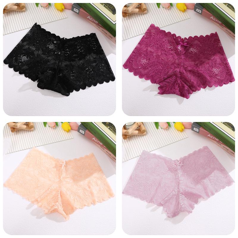 4 Stück/SET Damen Spitzen Hollow Out Boyshorts Unterwäsche Sexy Blumendruck Slips Weiblich Niedrige Taille Perspektive Lingerie Boxershorts