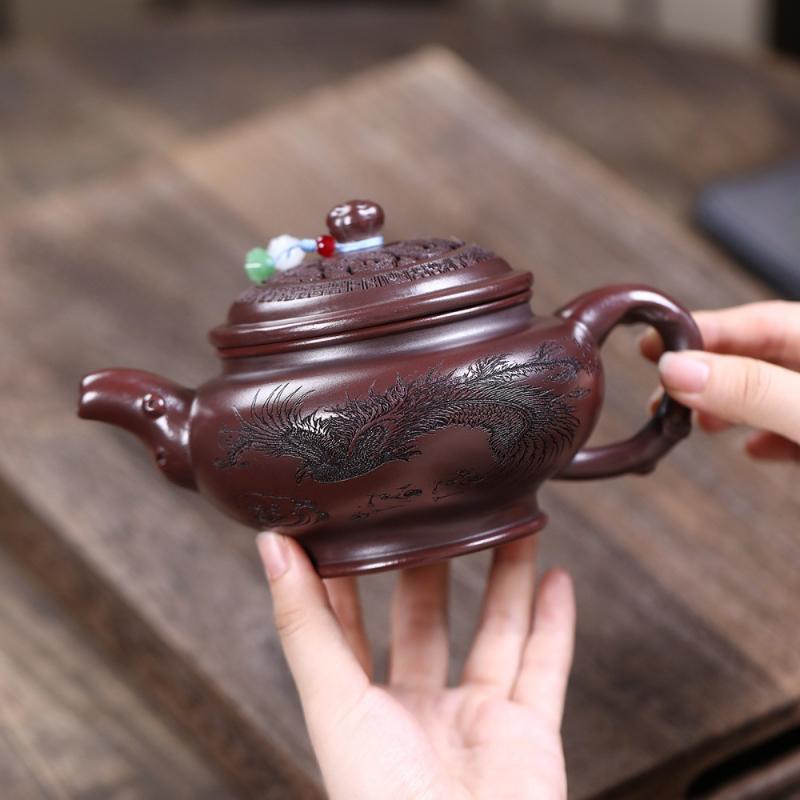 500ml Antique Yixing Purple Clay Teapots Handmade Dragon Phoenix Pot Raw Ore Antique Brass Mud Kettle Chinese Zisha Tea Set Tea