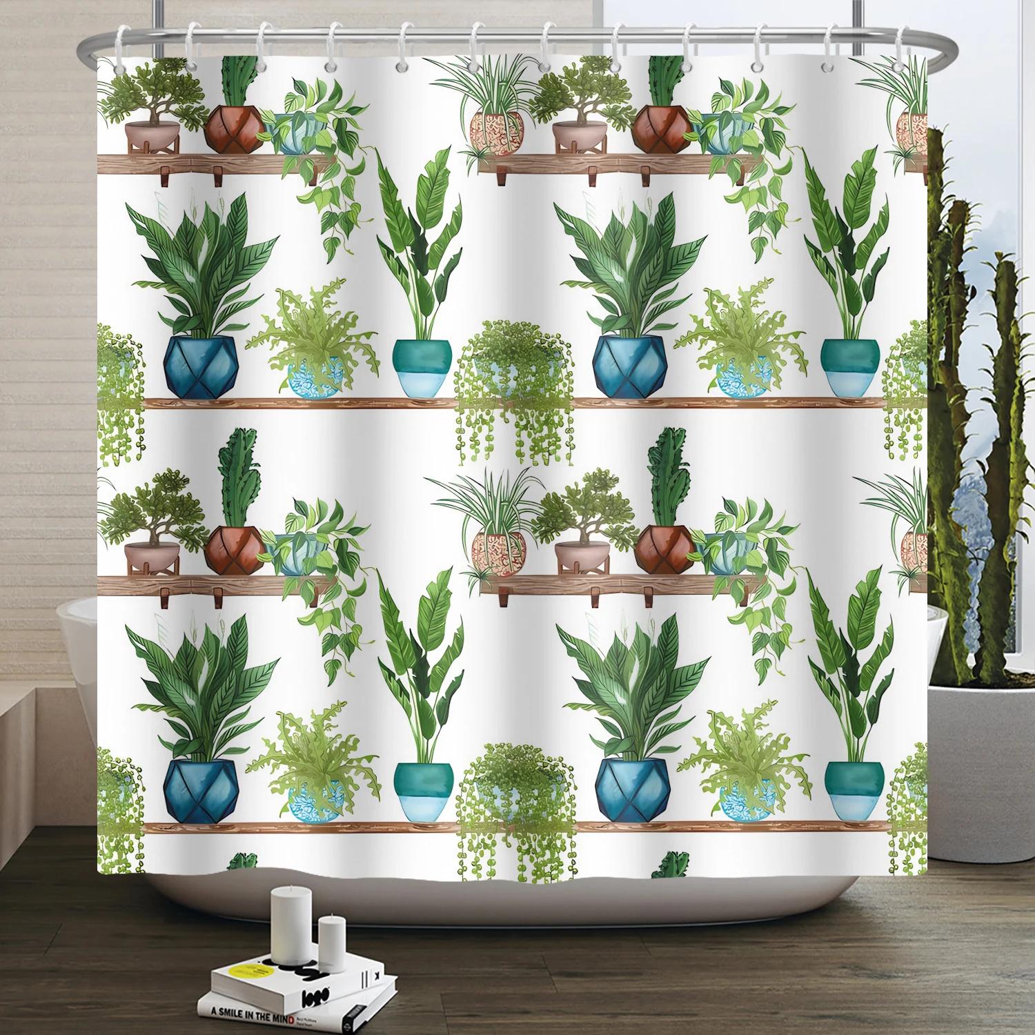

Green Potted Plant Shower Curtain Tropical Greenhouse Botanical Succulents Cactus Modern Aesthetic Waterproof Bathroom Curtain W90xH180cm