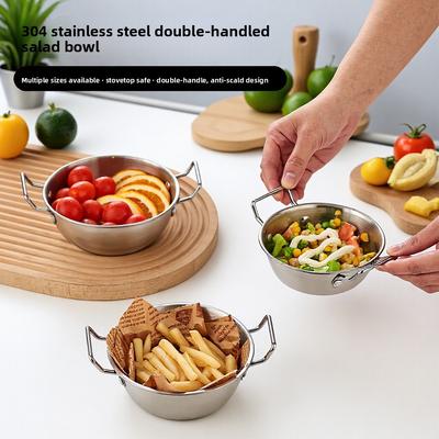 Stainless Steel Bowl Household Double Handle Bowl Fruit Salad Bowl Instant Noodle Bowl Camping Tableware