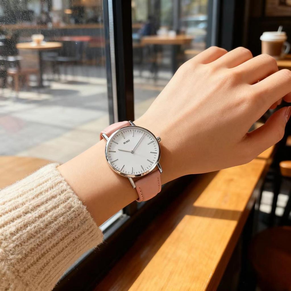 BUREI Women's Analog Quartz Watch Pink Leather Band Simple Stylish Cute Popular Brand Commuting School Watch for Women Slim Lightweight