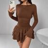 Women's Round Neck Long Sleeve Mini Dress Slim Fit Mid Waist Elegant Tiered Cake Dress
