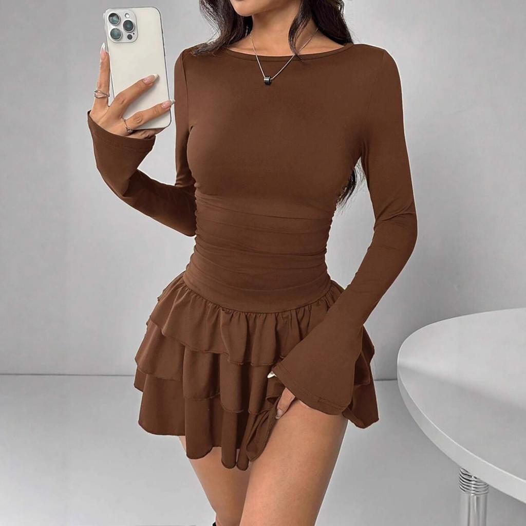 Women's Round Neck Long Sleeve Mini Dress Slim Fit Mid Waist Elegant Tiered Cake Dress