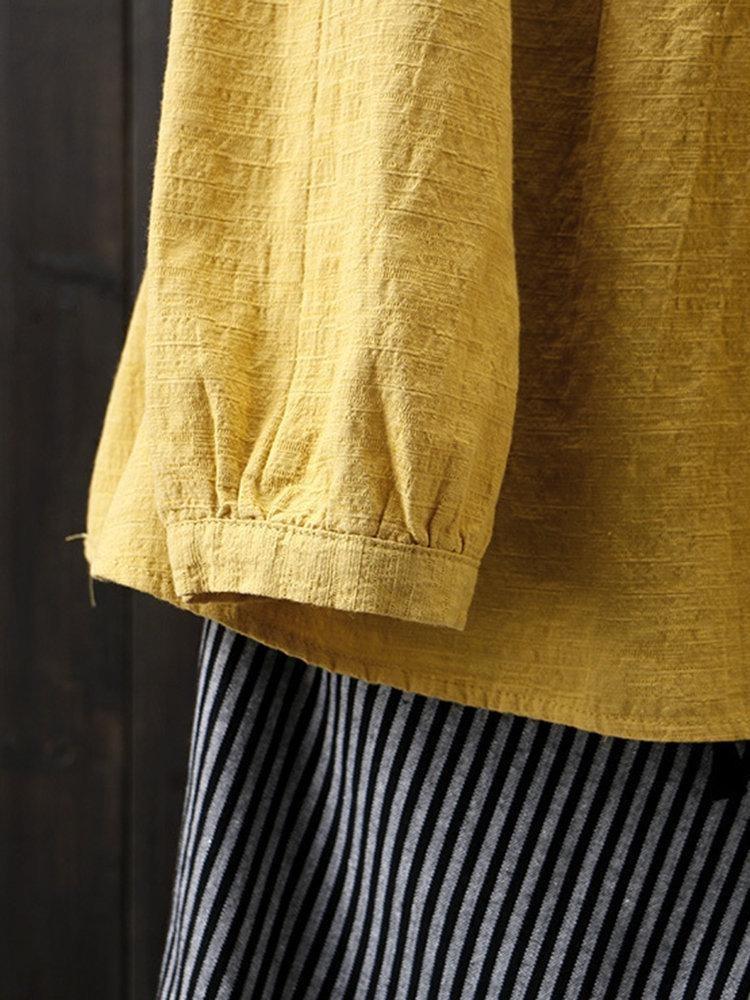 Women Loose Fit Long Sleeve Cotton Linen Shirt Round Neck Pleated Large Size