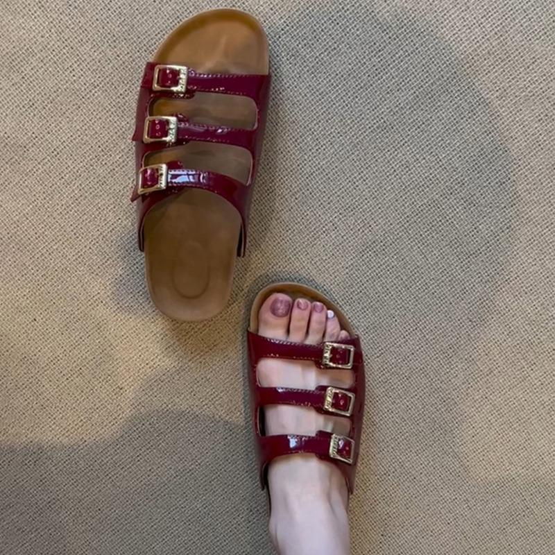 Sheepskin~ Soft-soled slippers women's summer retro belt buckle leather thick-soled women's versatile outer wear cool slippers